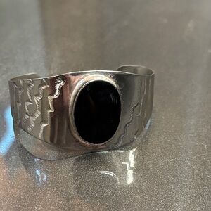 Sterling Silver vintage Cuff Bracelet with Black Onyx Accent